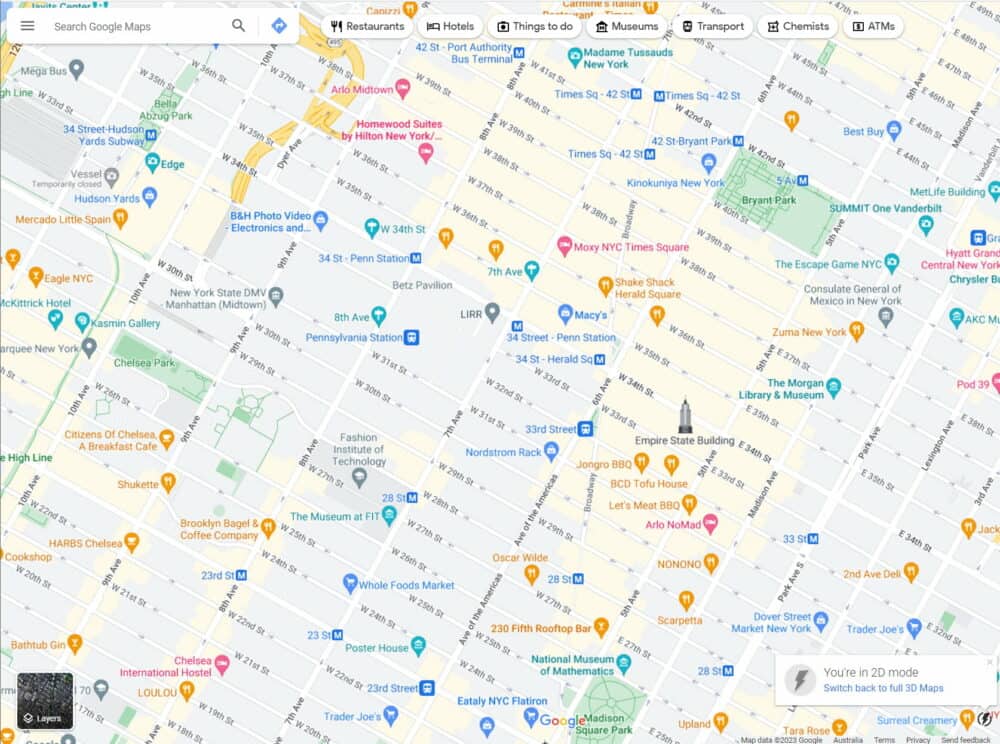 Google Maps web browser screenshot showing 2D mode