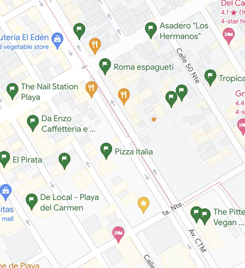 Screenshot of Google Maps app showing locations in Playa del Camen, Mexico