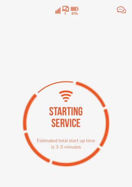Screenshot of Solis Lite personal hotspot startup screen, showing estimated time of 3-5 minutes