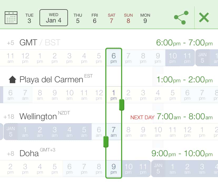 Screenshot of Time Buddy app on iOS, showing the time in four different locations