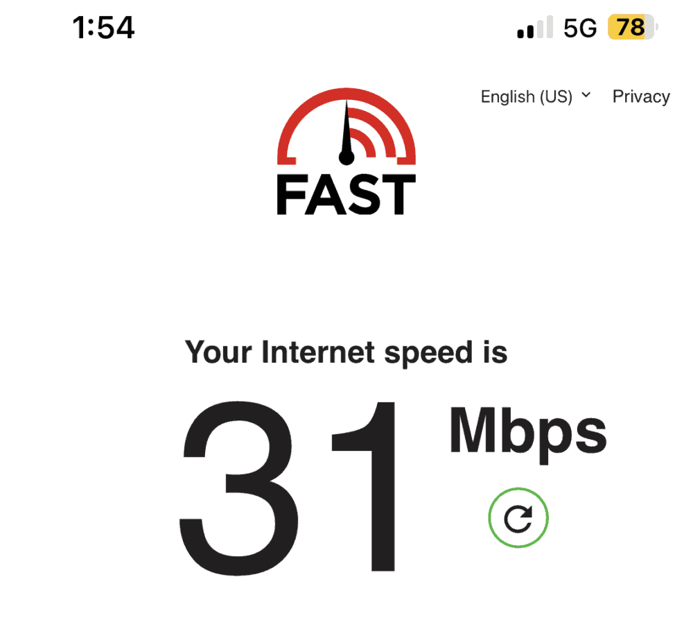 Speedtest of Globe cell network in Manilla, Philippines, showing 31Mpbs speed