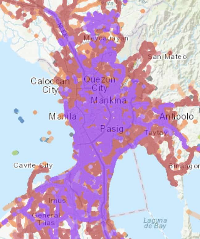 Screenshot of Manilla data coverage map with Globe network