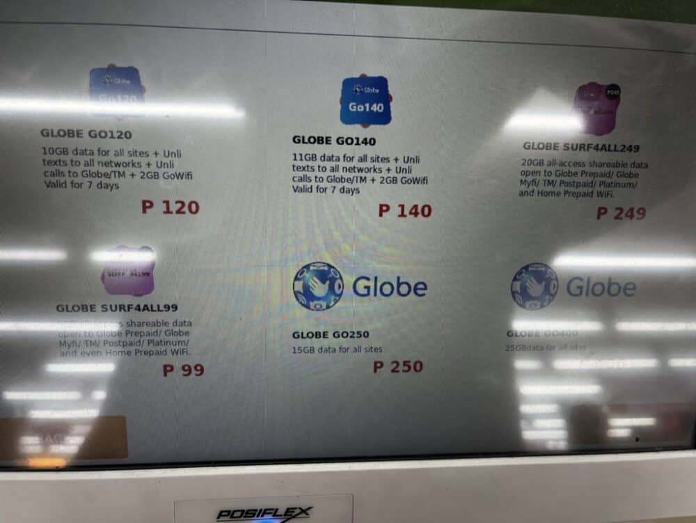 Photo of Globe call, text, and data packages available for purchase on a kiosk in a 7-Eleven in the Philippines 