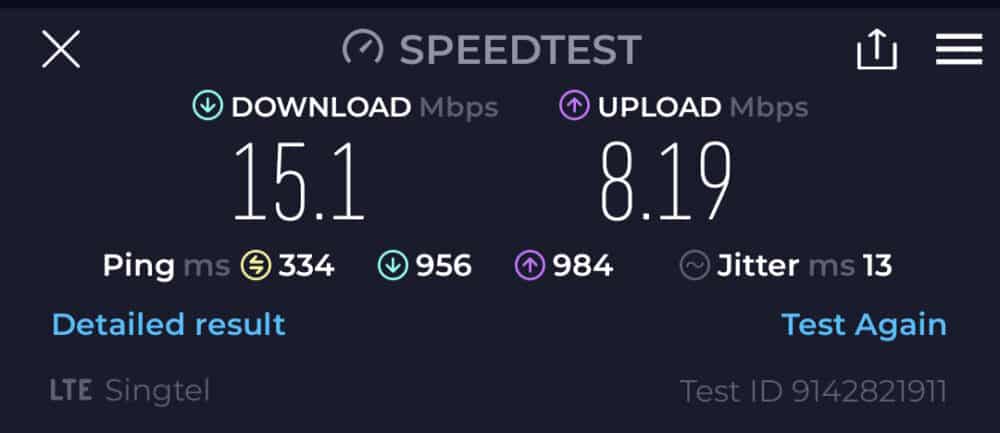 Screenshot of Speedtest result for Nomad eSIM: 15.1Mbps download, 8.19Mbps upload