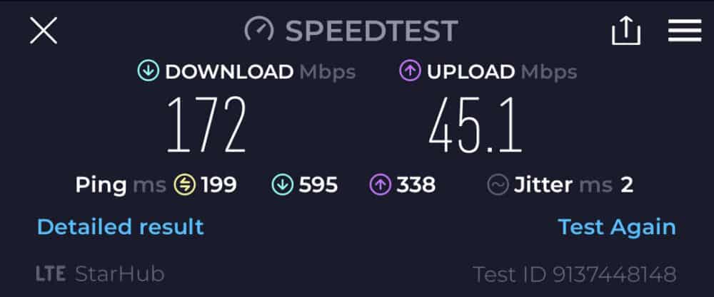 Screenshot of Speedtest result for AloSIM eSIM: 172Mbps download, 45.1Mbps upload