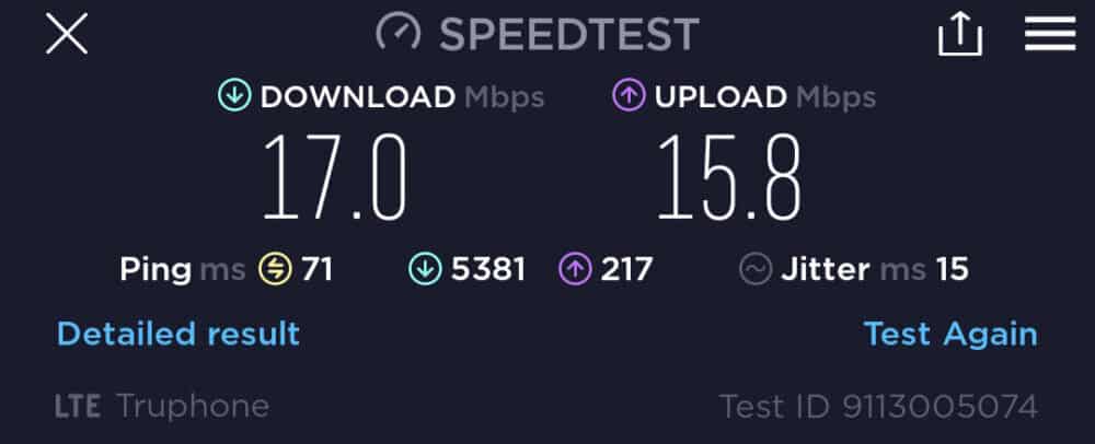 Screenshot of Speedtest result for Nomad eSIM: 17.0Mbps download, 15.8Mbps upload