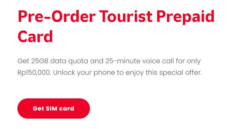 Screenshot of Telkomsel website showing details of pre-ordered tourist SIM card: 25GB and 25 minutes of voice calls for 150,000 IDR.
