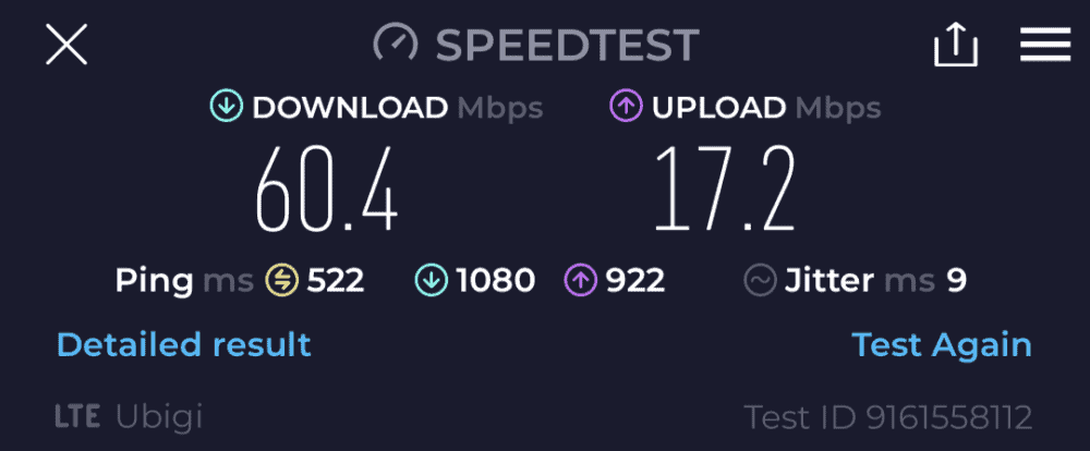 Screenshot of Speedtest result for Ubigi eSIM: 60.4Mbps download, 17.2Mbps upload