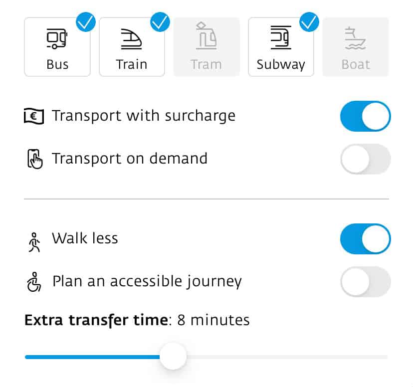 Screenshot of 9292 travel planning app, with different modes of transport and filter options shown