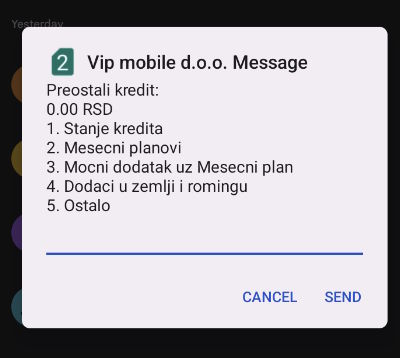 Screenshot of message in Serbian from A1 with details of remaining credit (0.00 RSD)