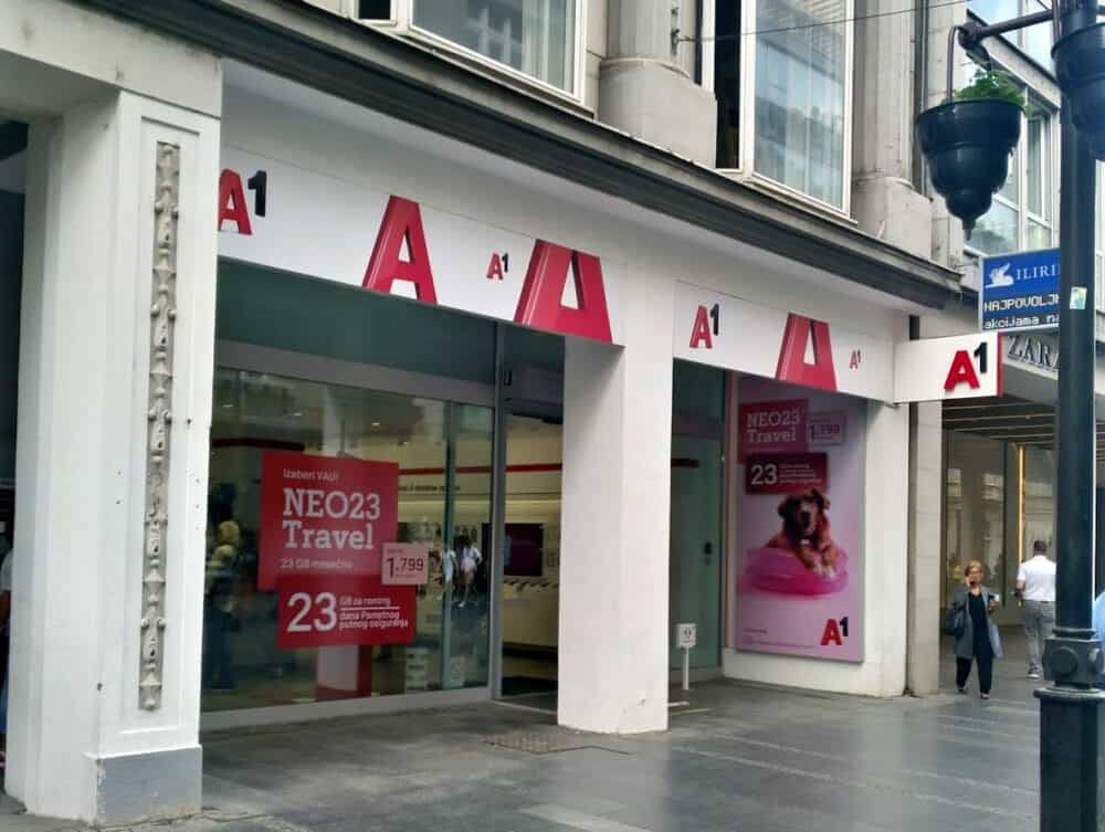 A1 mobile store in Belgrade, Serbia, on a wide footpath.