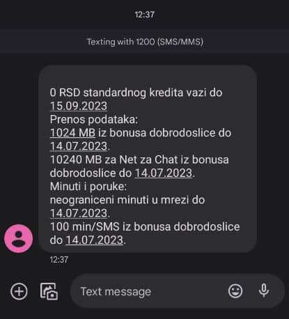 Screenshot of A1 package information text message in Serbian