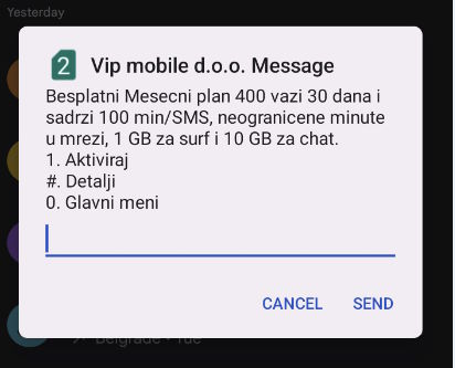 Screenshot of message in Serbian from A1 with a welcome pack