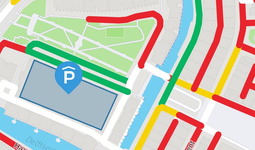 Screenshot of EasyPark app showing map with parking availability indicated by coloured lines