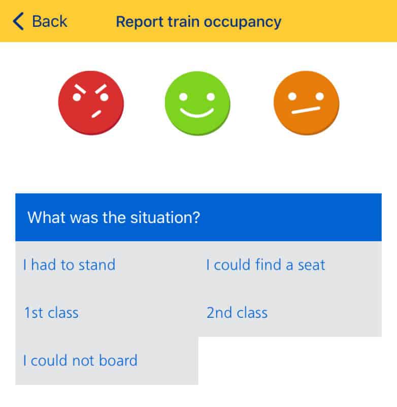 Screenshot of NS Travel Planner app with journey reporting screen shown, including options for the type of situation encountered