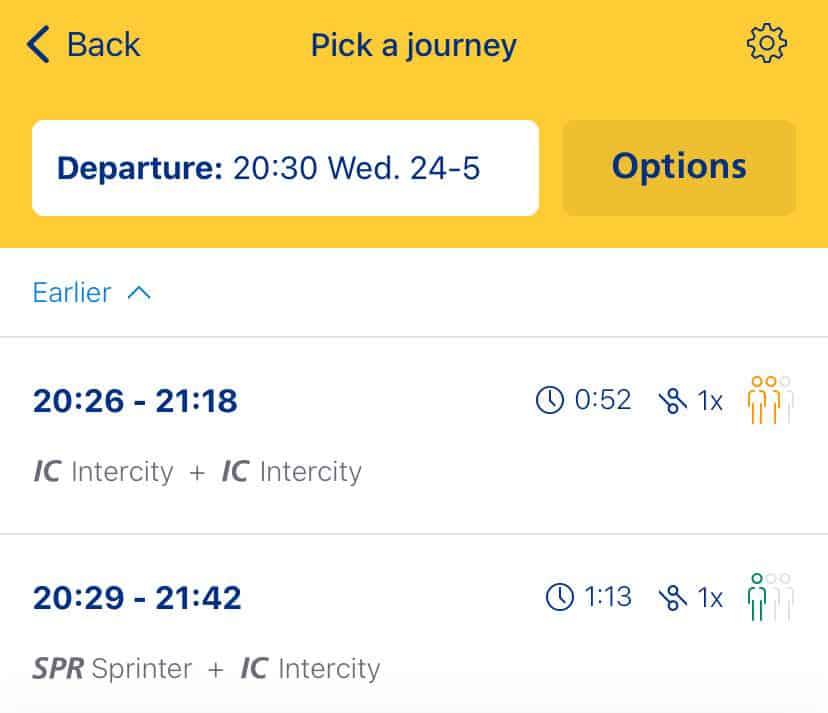 Screenshot of NS Travel Planner app with different train journey options shown