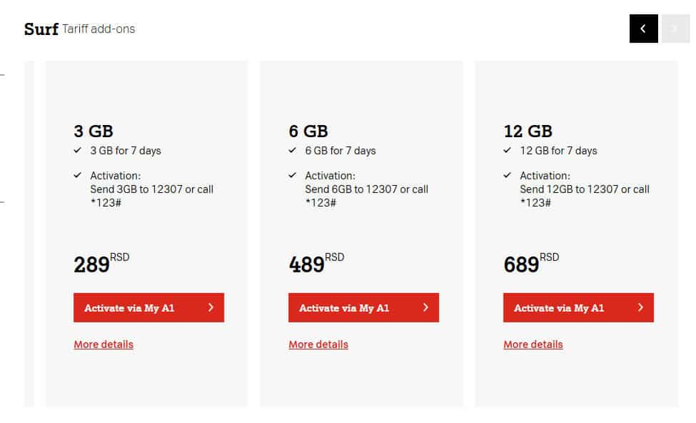 Screenshot of additional prepaid topup options with A1 in Serbia: 3GB fo 289 RSD, 6GB for 489 RSD, 12GB for 689 RSD