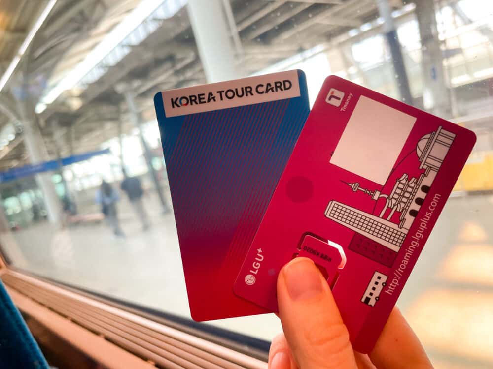 Two T Money cards being held up while on a train in South Korea, with train station visible out window