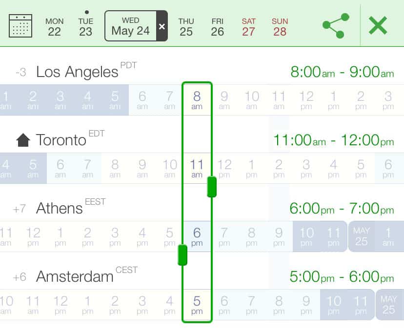 Screenshot of Time Buddy app, showing times in Los Angeles, Toronto, Athens, and Amsterdam