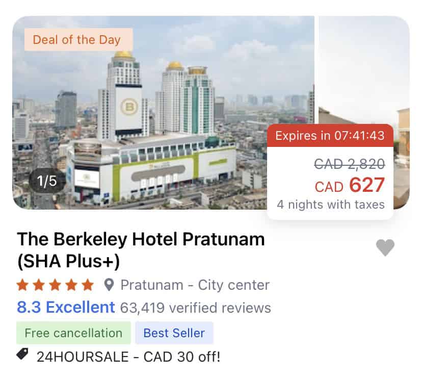 Screenshot from Agoda hotel booking app, showing discounted rate on Berkeley Hotel Pratunam