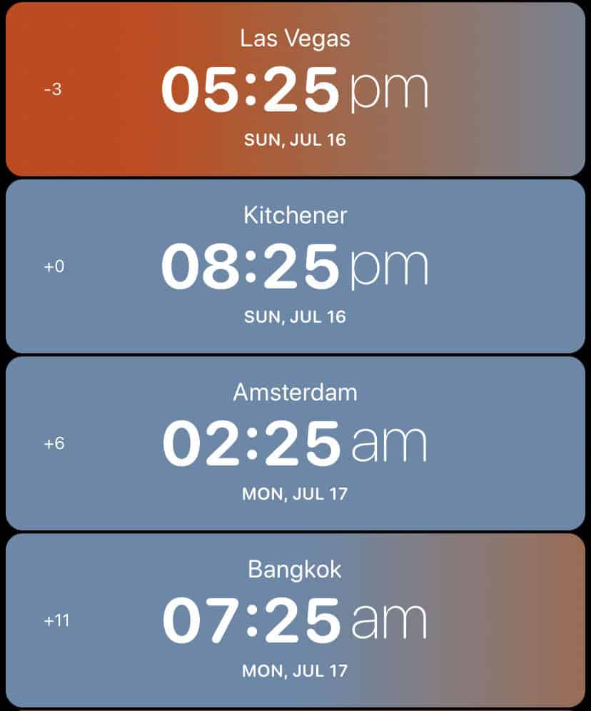 Screenshot of Overlap app showing time in Las Vegas, Kitchener, Amsterdam, and Bangkok