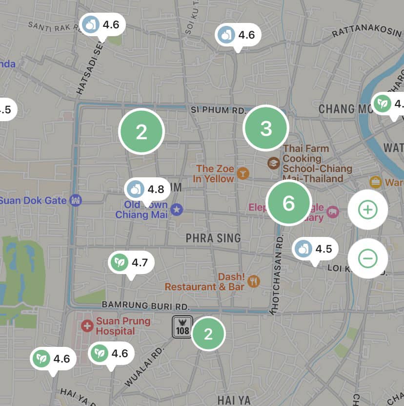 Screenshot of Vegan Maps app showing options in Chiang Mai, Thailand