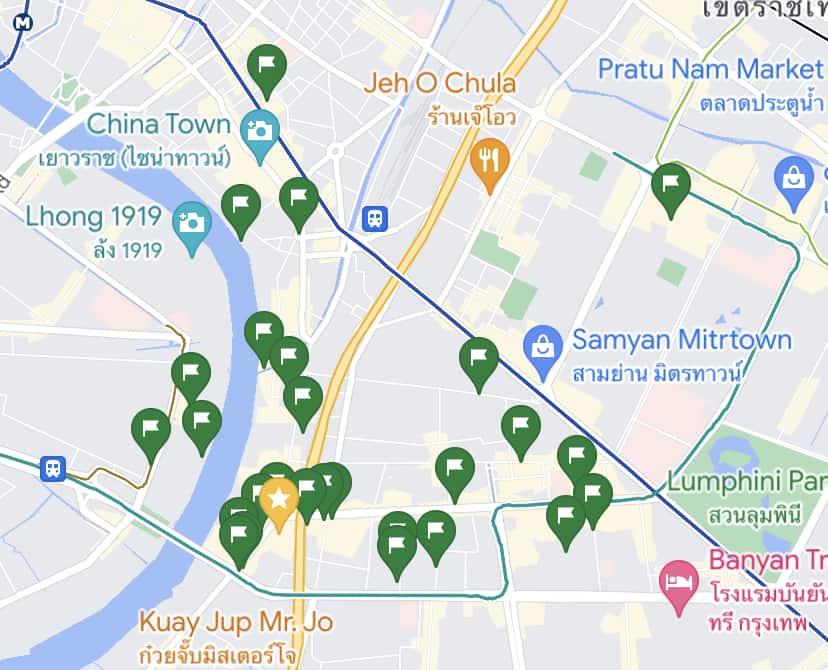 Screenshot of locations in Bangkok marked on Google Maps