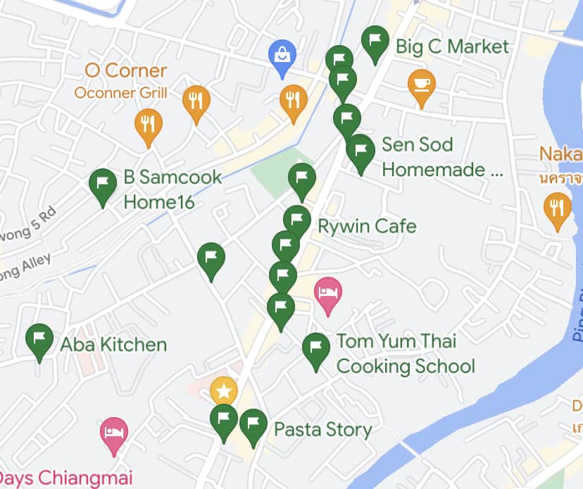 Screenshot of locations in Chiang Mai marked on Google Maps