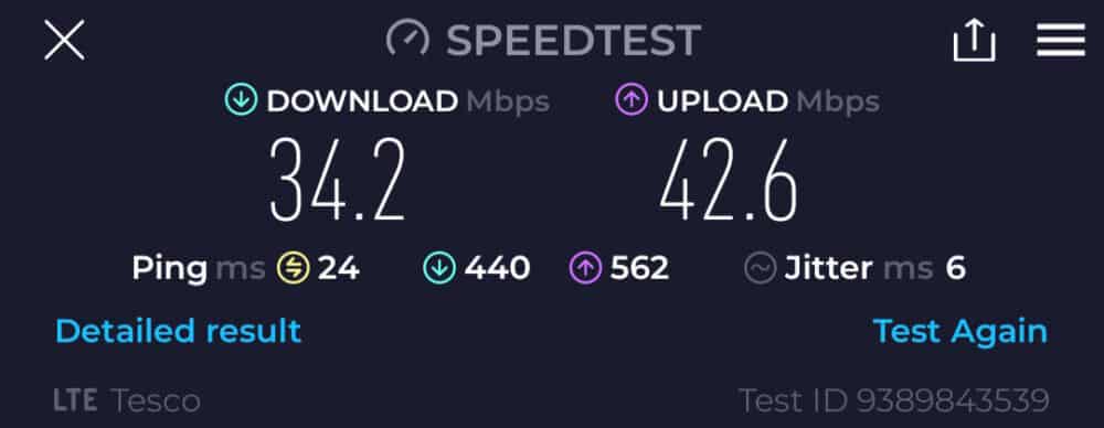 LTE speed test result showing a download speed of 34.2Mbps and upload speed of 42.6Mbps for Tesco Mobile.