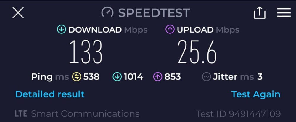 Screenshot of Speedtest result for Yesim  eSIM: 133Mbps download, 25.6Mbps upload