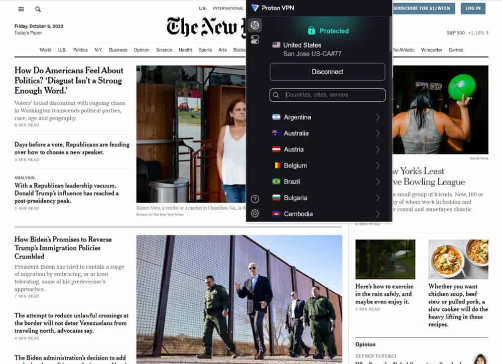 Screenshot of New York Times homepage on October 6, 2023, with overlay of ProtonVPN Chrome extension showing a connection to San Jose, California