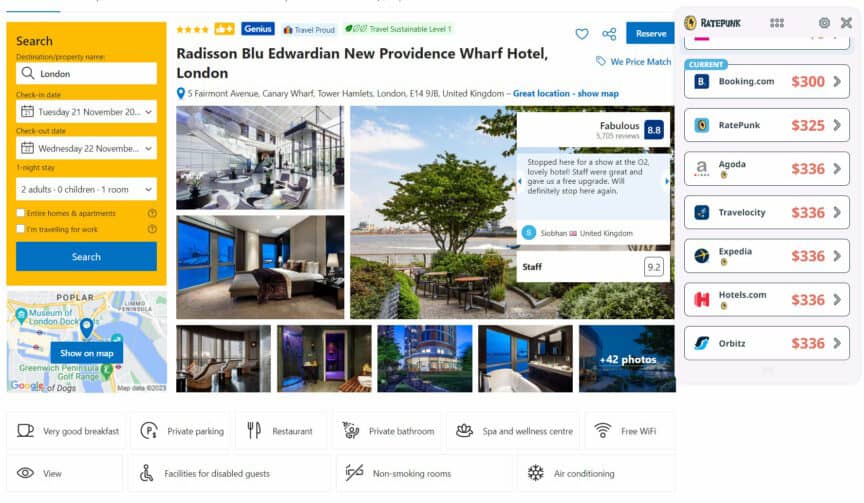 Screenshot of Booking.com hotel page for Radisson Blu Edwardian New Providence Wharf Hotel in London, with a Ratepunk overlay on the right showing the price on several different hotel booking websites.