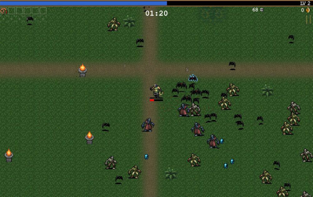 Pixel-art mobile game with one main character in middle of screen and several different types of enemies nearby.