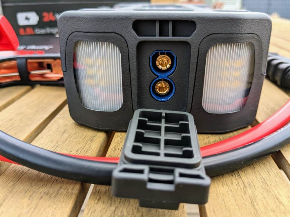 Close-up of jumper lead sockets on one end of a J401 portable jump starter. Jumper leads curled around the device, with the product box visible (blurred) behind. 