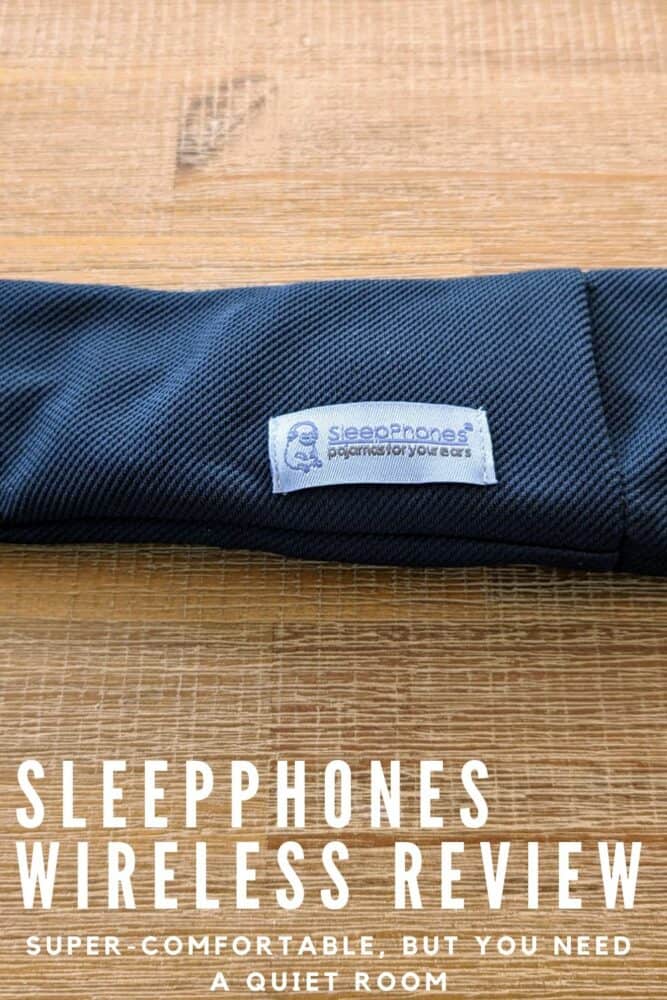 Partial photo of headband on a wooden table, with text "SleepPhones Wireless Review: Super-Comfortable, But You Need a Quiet Room" underneath