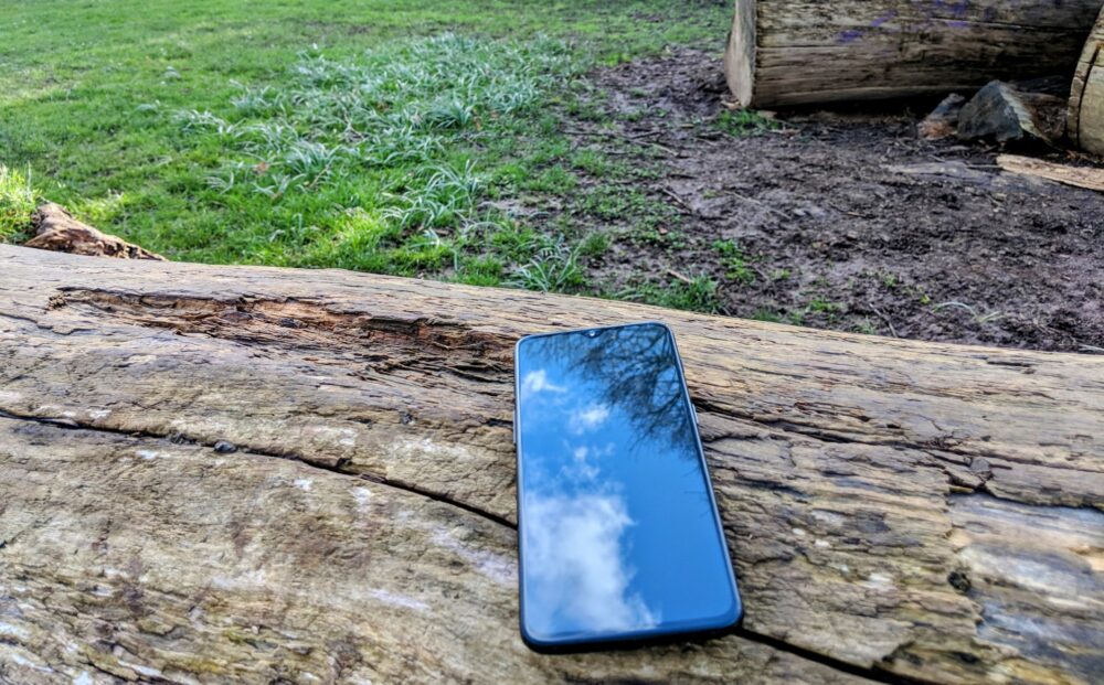 OnePlus 6T smartphone sitting on a log of wood, with grass and another log visible in background
