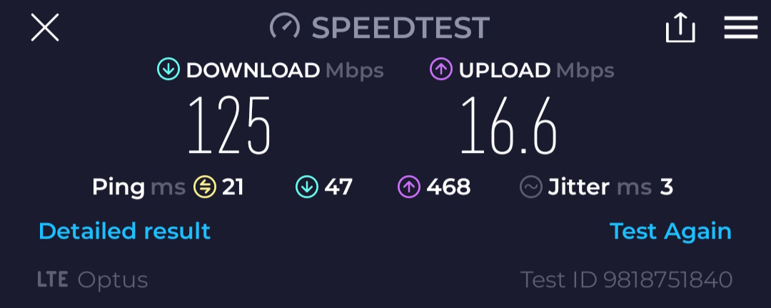 Screenshot of Amaysim LTE speed test result in Melbourne, Australia, showing 125Mbps download and 16.6Mbps upload.