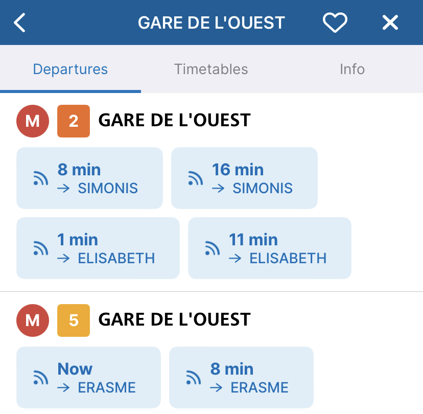 Screenshot of the Brussels transit app showing departures of metro lines 2 and 5 from Gare de L'Ouest