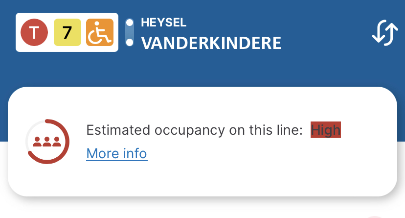 Screenshot of the Brussels transit app showing high occupancy on the number 7 train between Heysel and Vanderkindere.