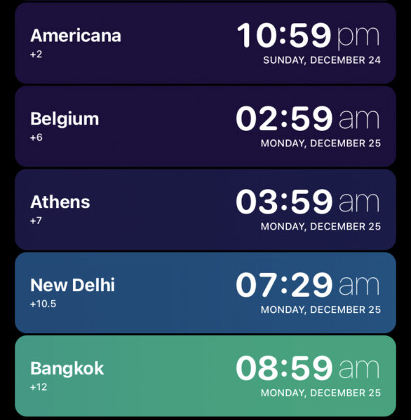 Screenshot from the Overlap app showing the current time in places labeled as Americana, Belgium, Athens, New Delhi, and Bangkok.