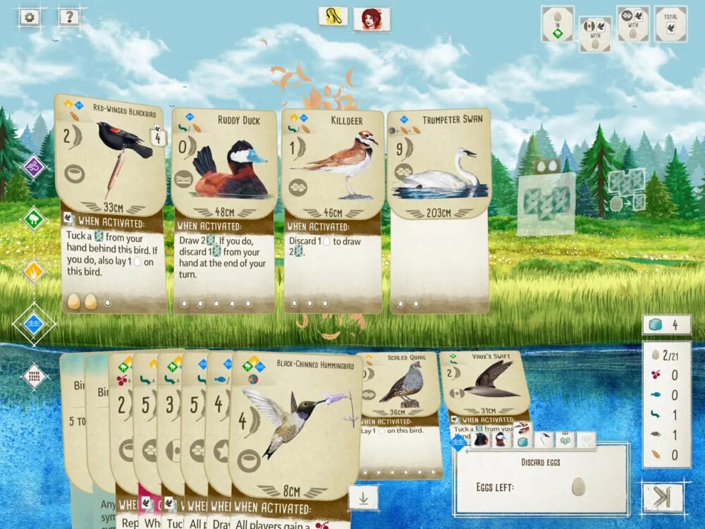 Screenshot from mobile version of Wingspan game, showing several cards with different stylised birds drawn on them, along with various numbers and text descriptions that describe the value of each card in the game.