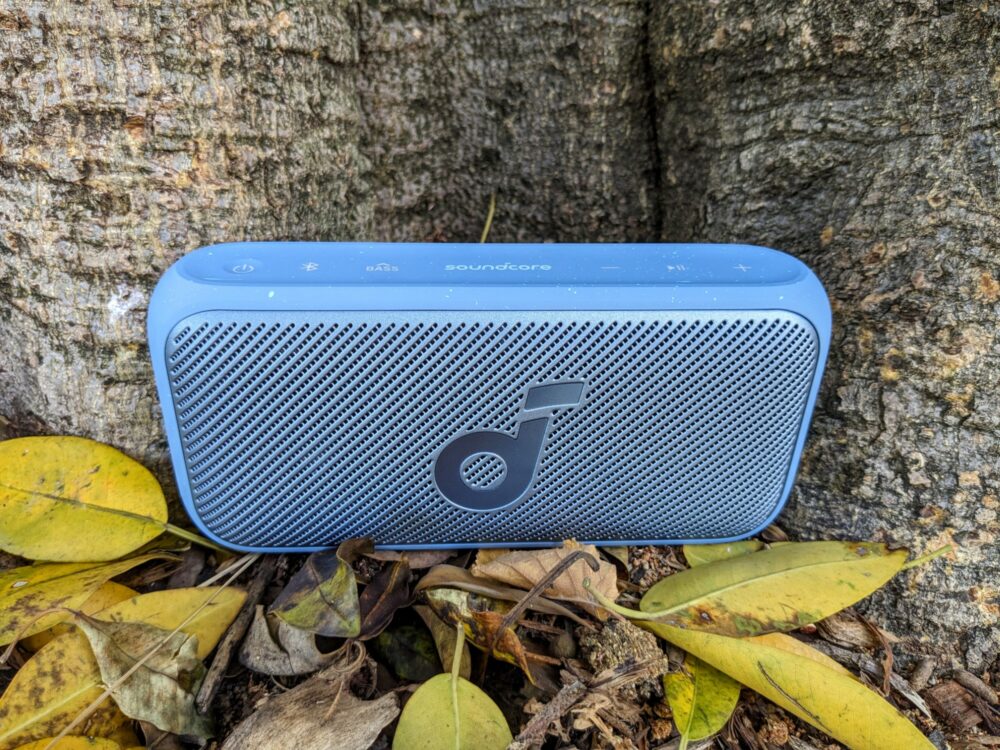 Portable speaker sitting at the base of a tree on leaves and dirt.