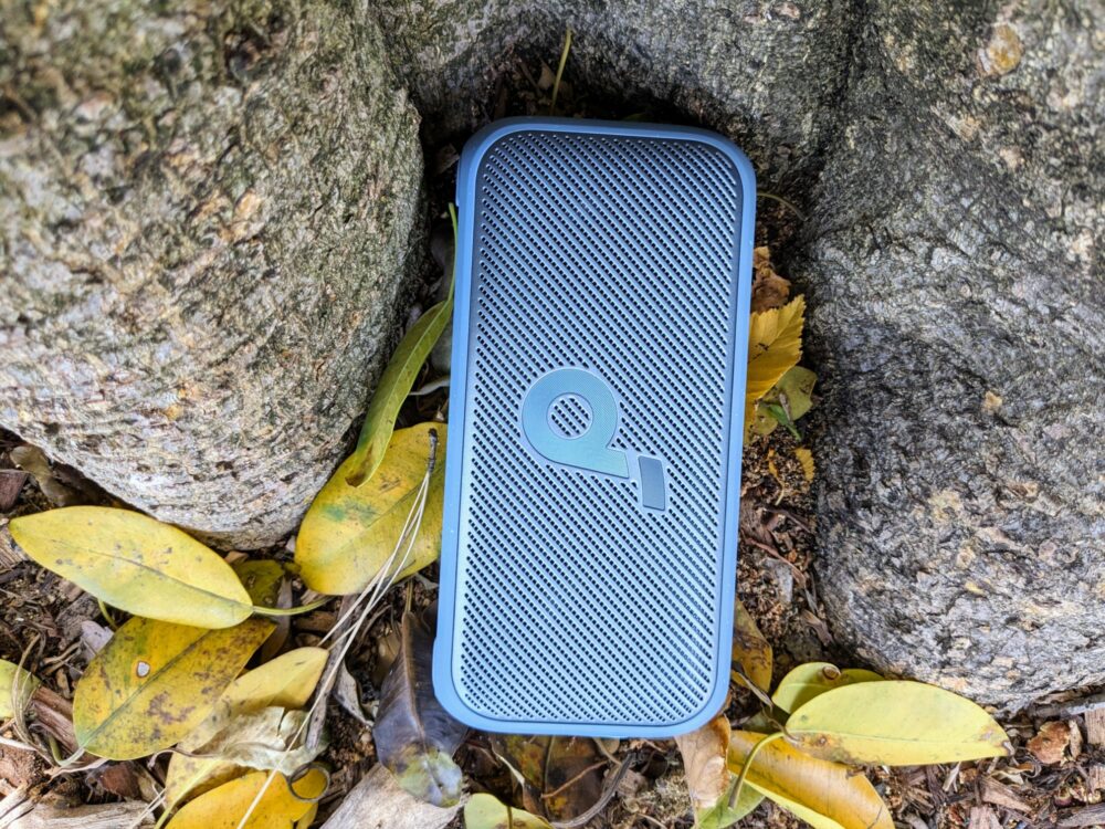 Top-down view of a portable speaker laid flat at the base of a tree, sitting on leaves and dirt.