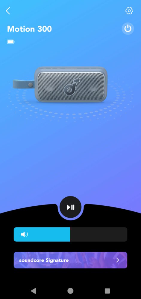 Screenshot of the Soundcore app showing the main screen for the Motion 300 speaker, with a picture of the speaker, a play/pause button, volume slider, and "soundcore Signature" button.