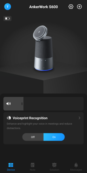 Screenshot of AnkerWork app showing S600 speakerphone, a volume slider, and the option to turn voiceprint recognition on and off.