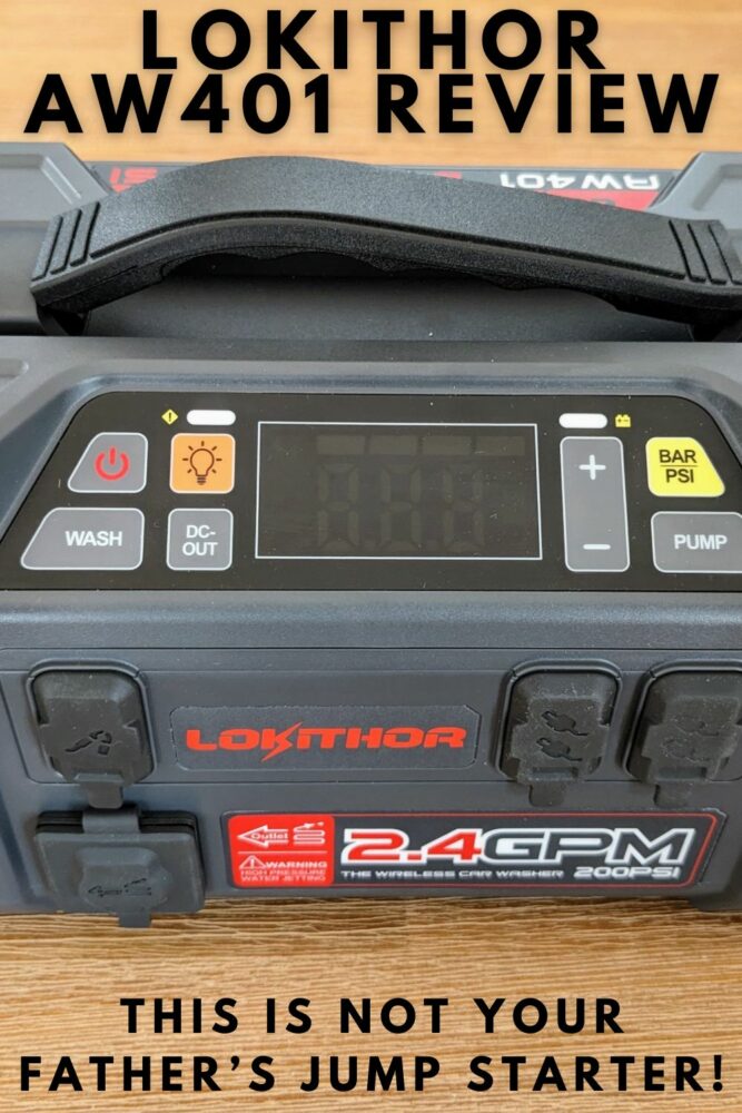 Partial image of a portable jump starter on a wooden table with text "Lokithor AW401 Review" at top and "This is not your father's jump starter" at bottom