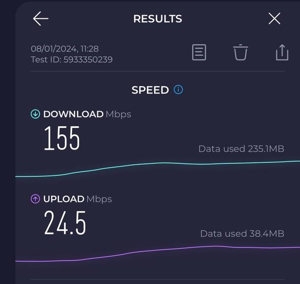 Screenshot of aloSIM LTE speed test results, showing 155Mbps download and 24.5Mbps upload 