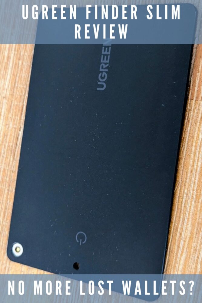 Black credit-card sized tracker on wooden table with text "UGreen Finder Slim Review" overlaid at top and "No More Lost Wallets"? overlaid at bottom